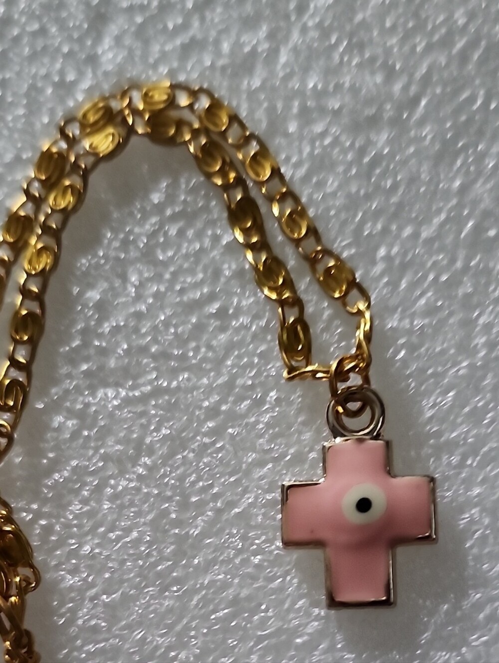 Hand Crafted Gold Chain Bracelet/ Anklet with Pink Cross Evil Eye Charm